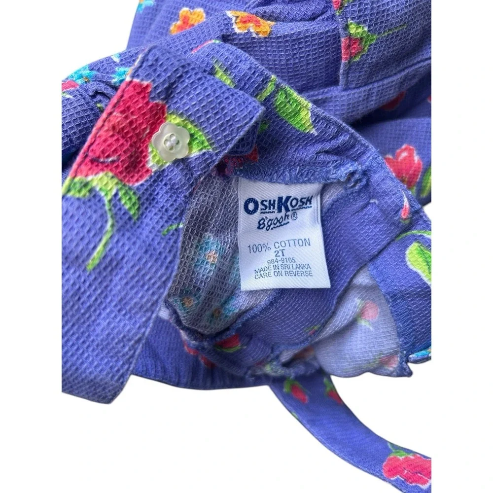 VTG OshKosh Girls Overall Pinafore Dress Purple Spring Floral Waffle Weave Sz 2T